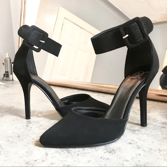 Shoes - Pointy Toed Black Suede Ankle High Heels